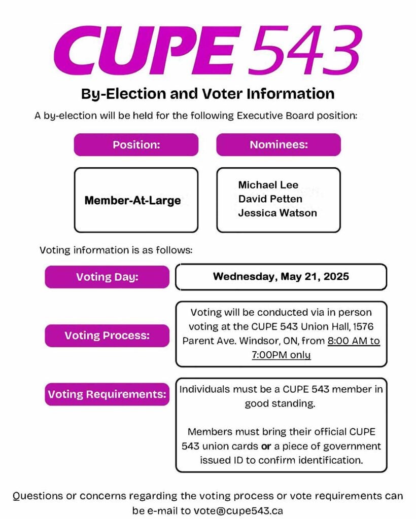 By-Election - Member-at-Large - May 21, 2025 - 8AM-7PM @ CUPE Local 543