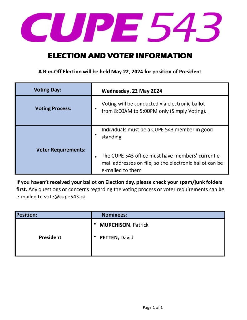 Run-off Election: CUPE 543 President @ Simply Voting